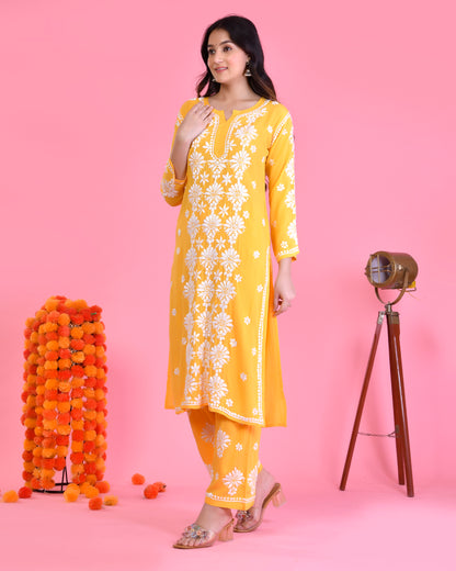 Chikankari Kurta Set In Modal Cotton for Women In Yellow