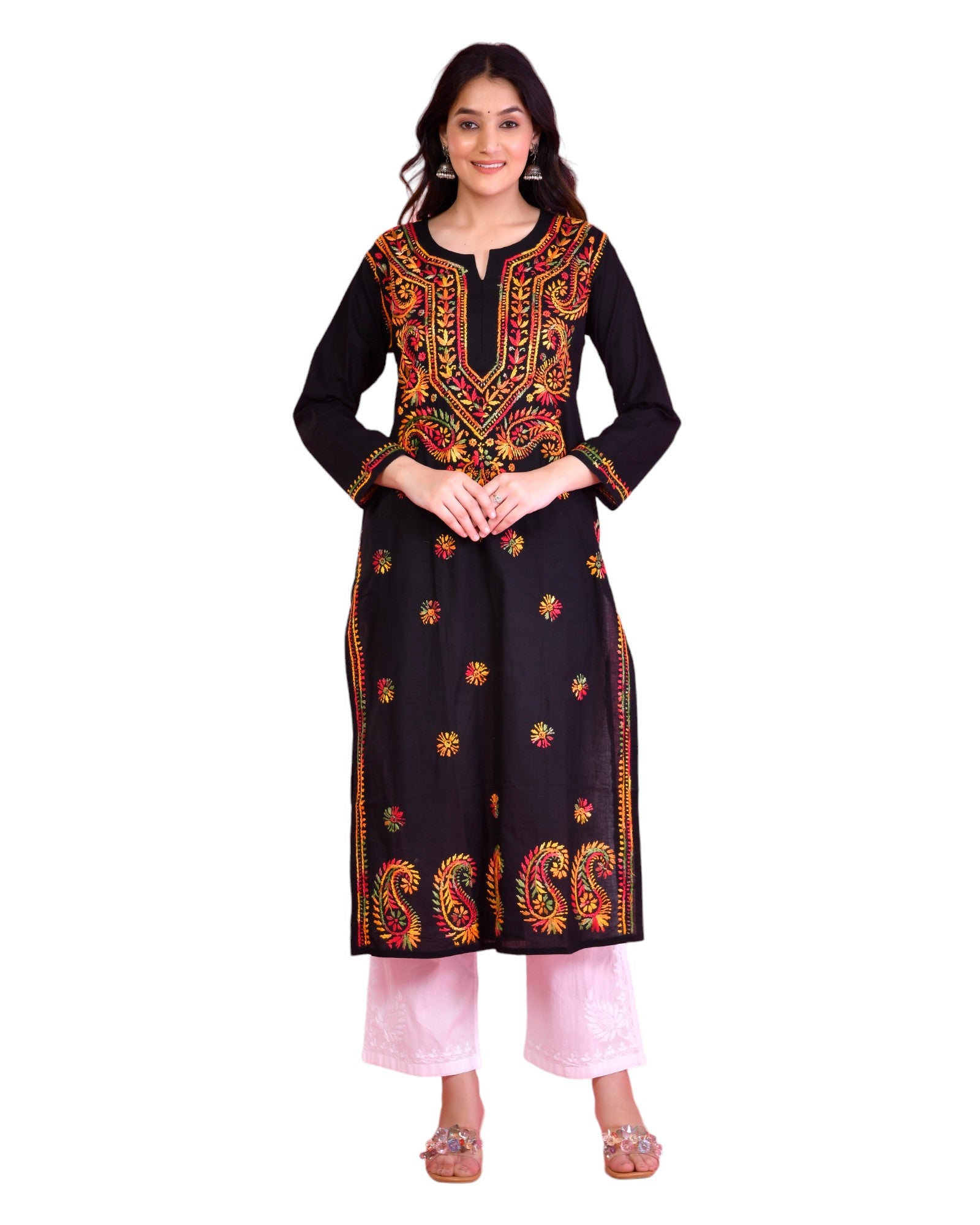 Chikankari Long Kurta in Cotton for Women-Black With Multi Work