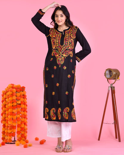 Chikankari Long Kurta in Cotton for Women-Black With Multi Work