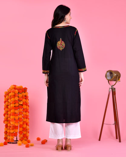 Chikankari Long Kurta in Cotton for Women-Black With Multi Work