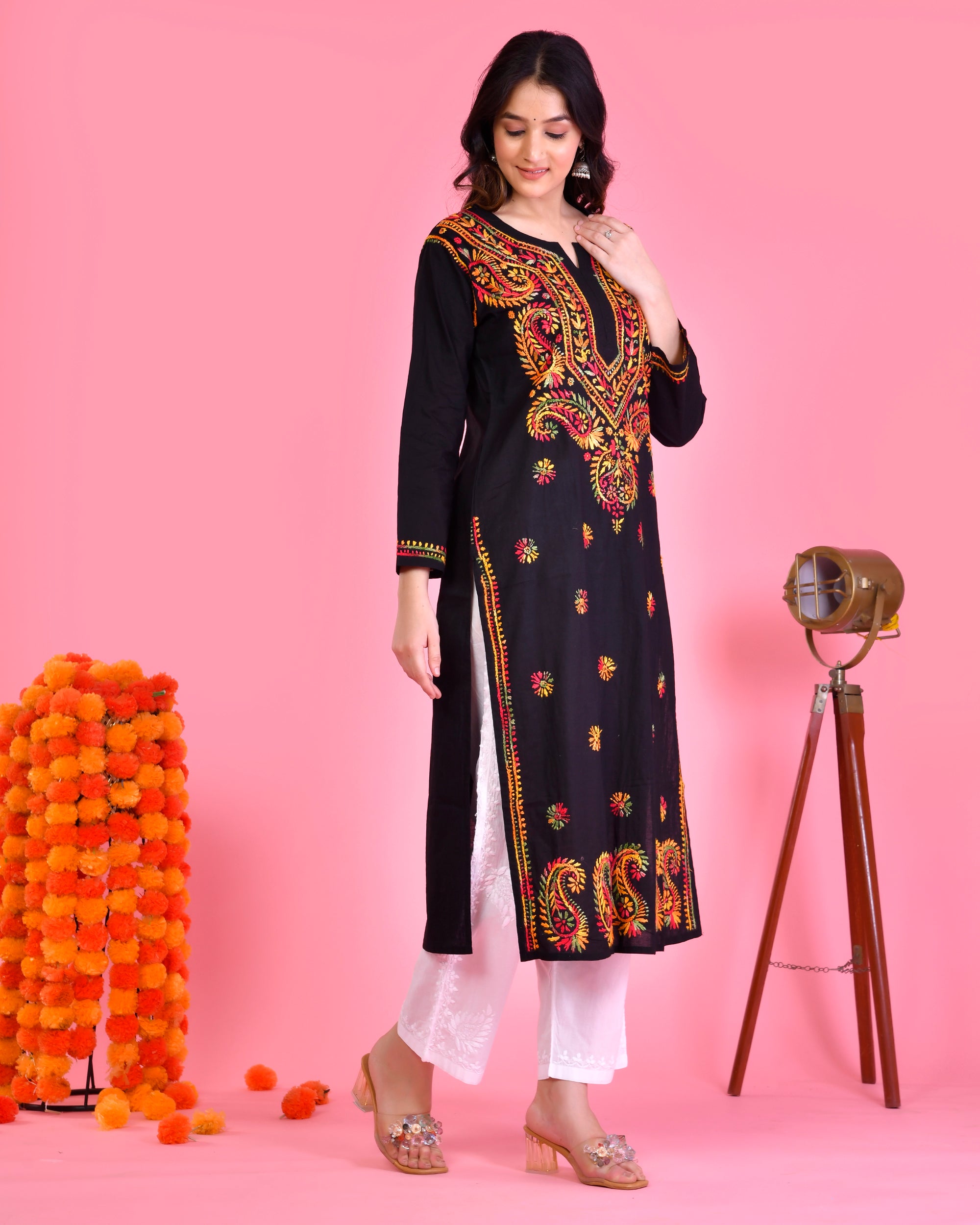 Chikankari Long Kurta in Cotton for Women-Black With Multi Work