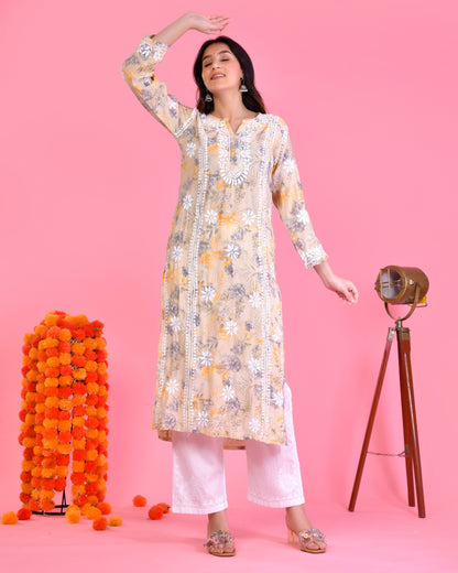 Chikankari Long Kurta in Muslin Cotton for Women- Beige With Yellow Flower