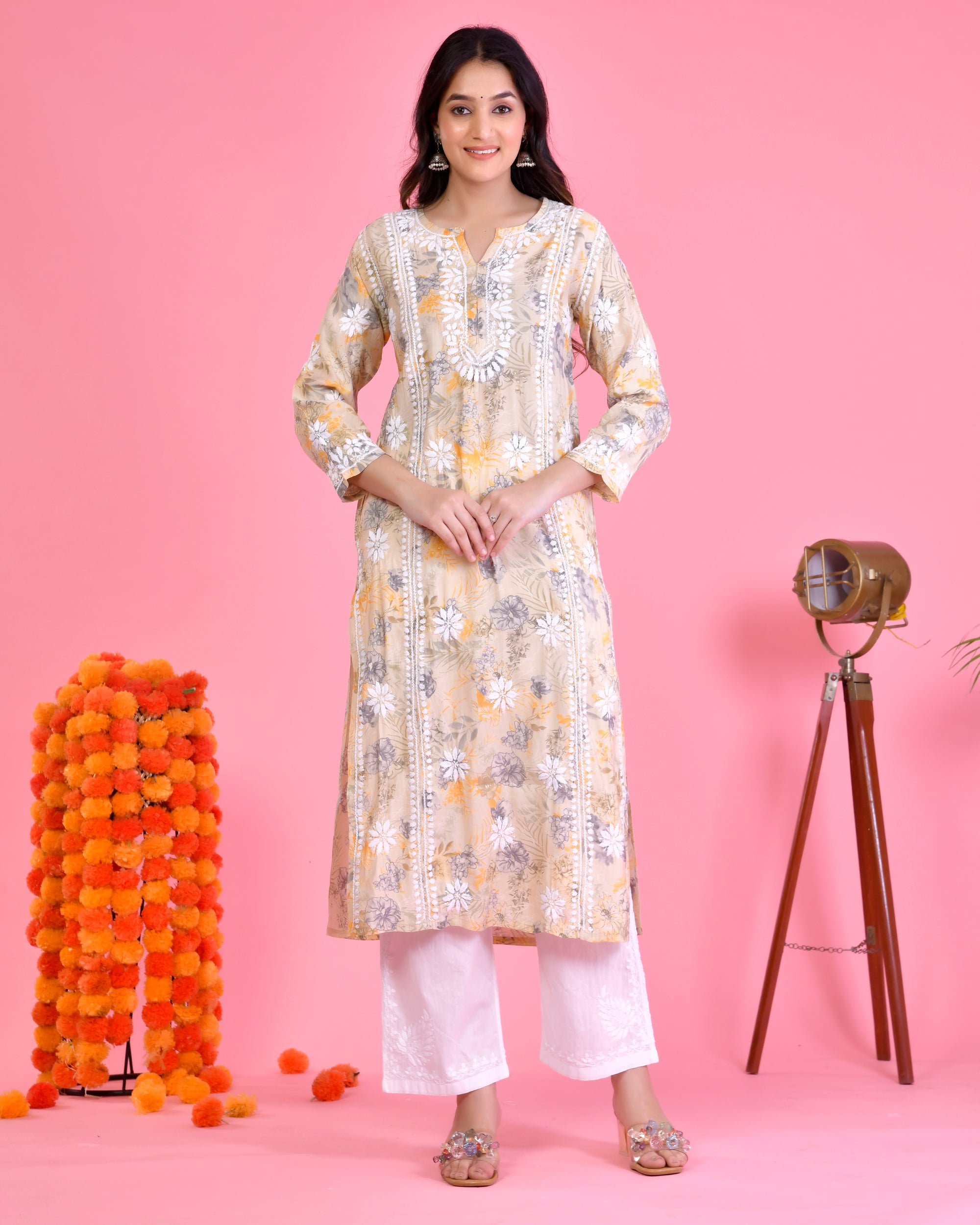 Chikankari Long Kurta in Muslin Cotton for Women- Beige With Yellow Flower