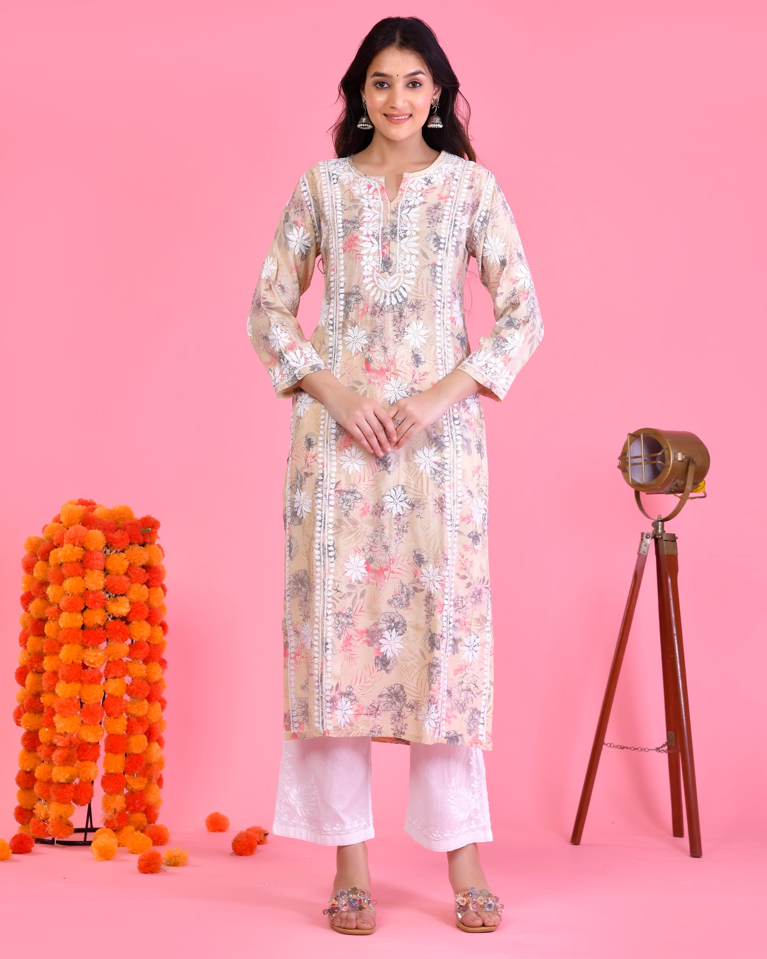 Chikankari Long Kurta in Muslin Cotton for Women- Beige With Yellow Flower