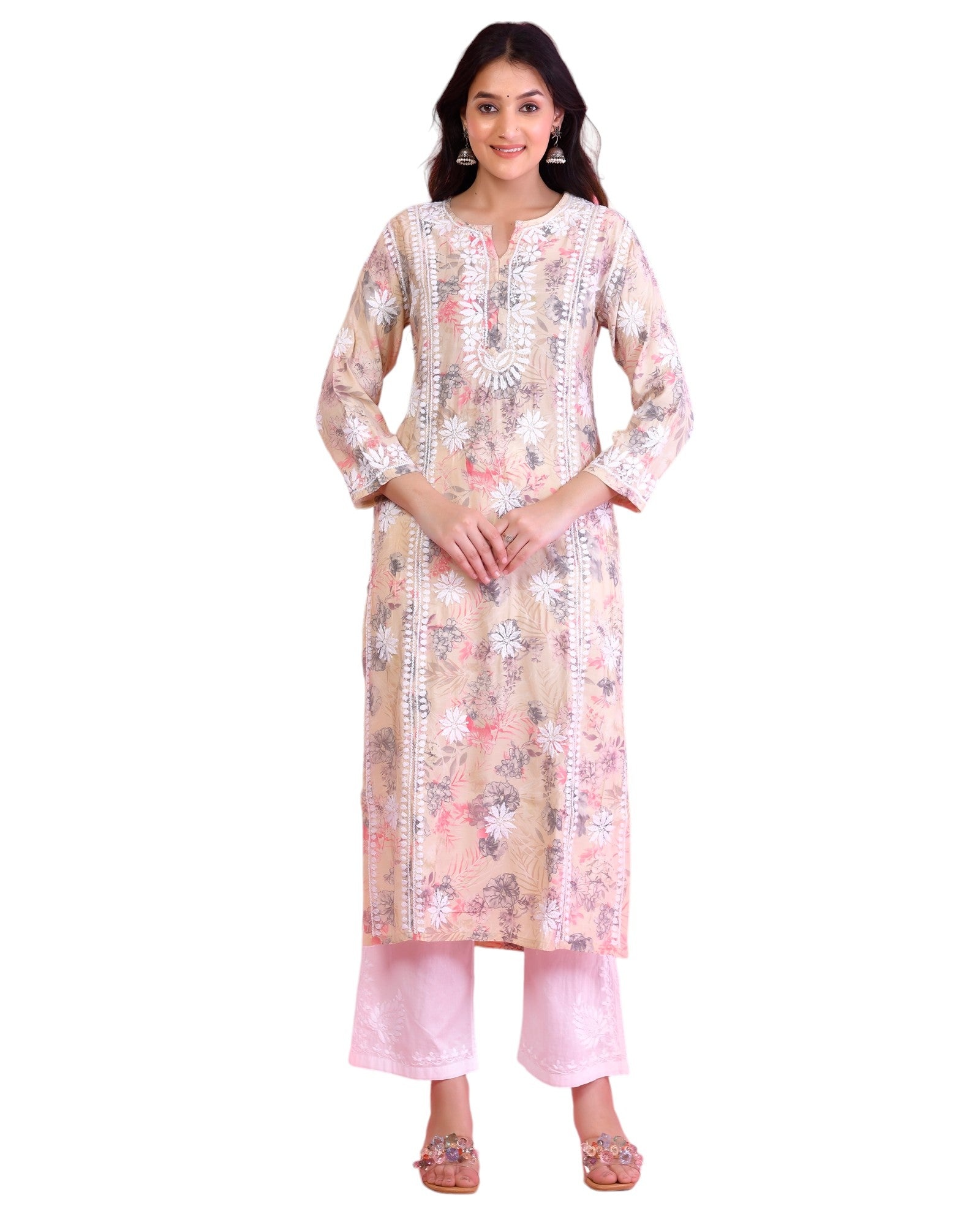 Chikankari Long Kurta in Muslin Cotton for Women- Grey With Pink Flower