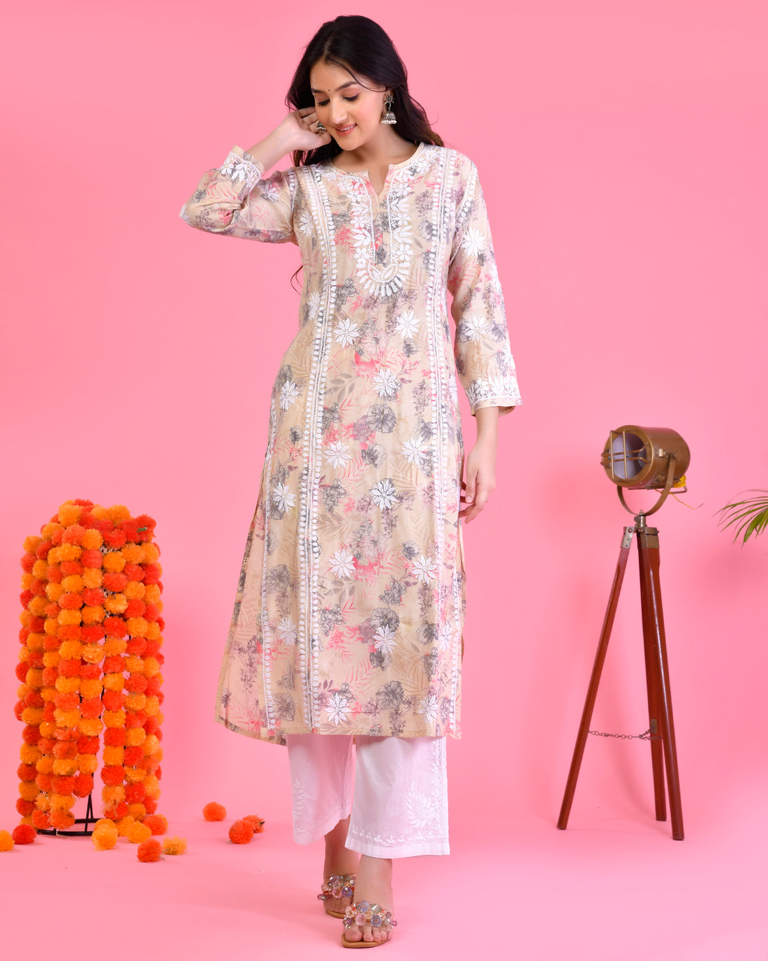 Chikankari Long Kurta in Muslin Cotton for Women- Grey With Pink Flower