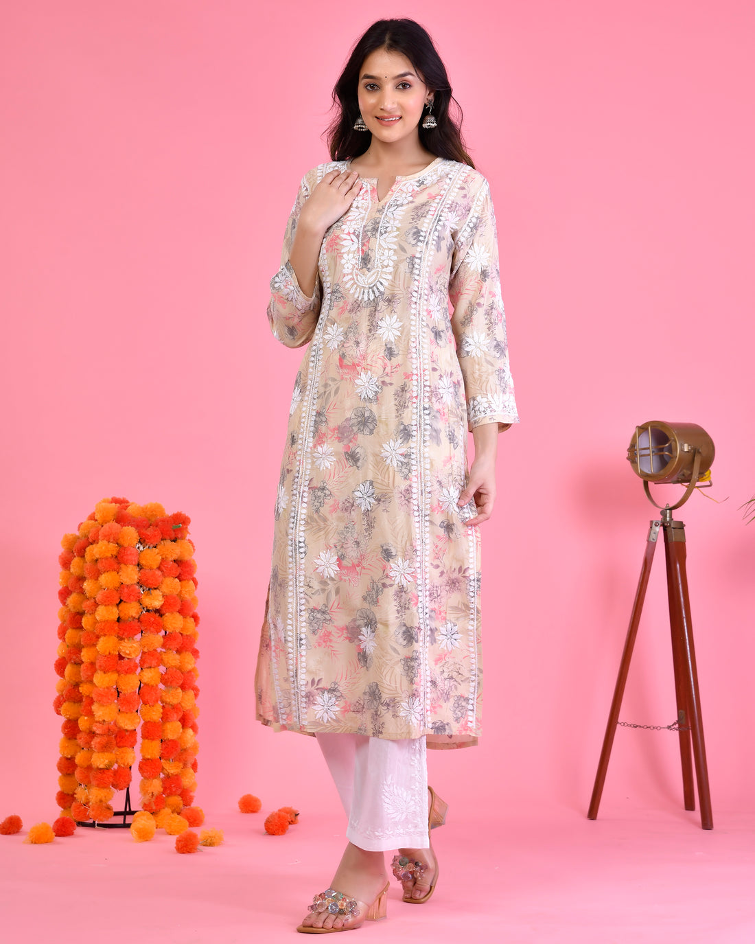 Chikankari Long Kurta in Muslin Cotton for Women- Grey With Pink Flower