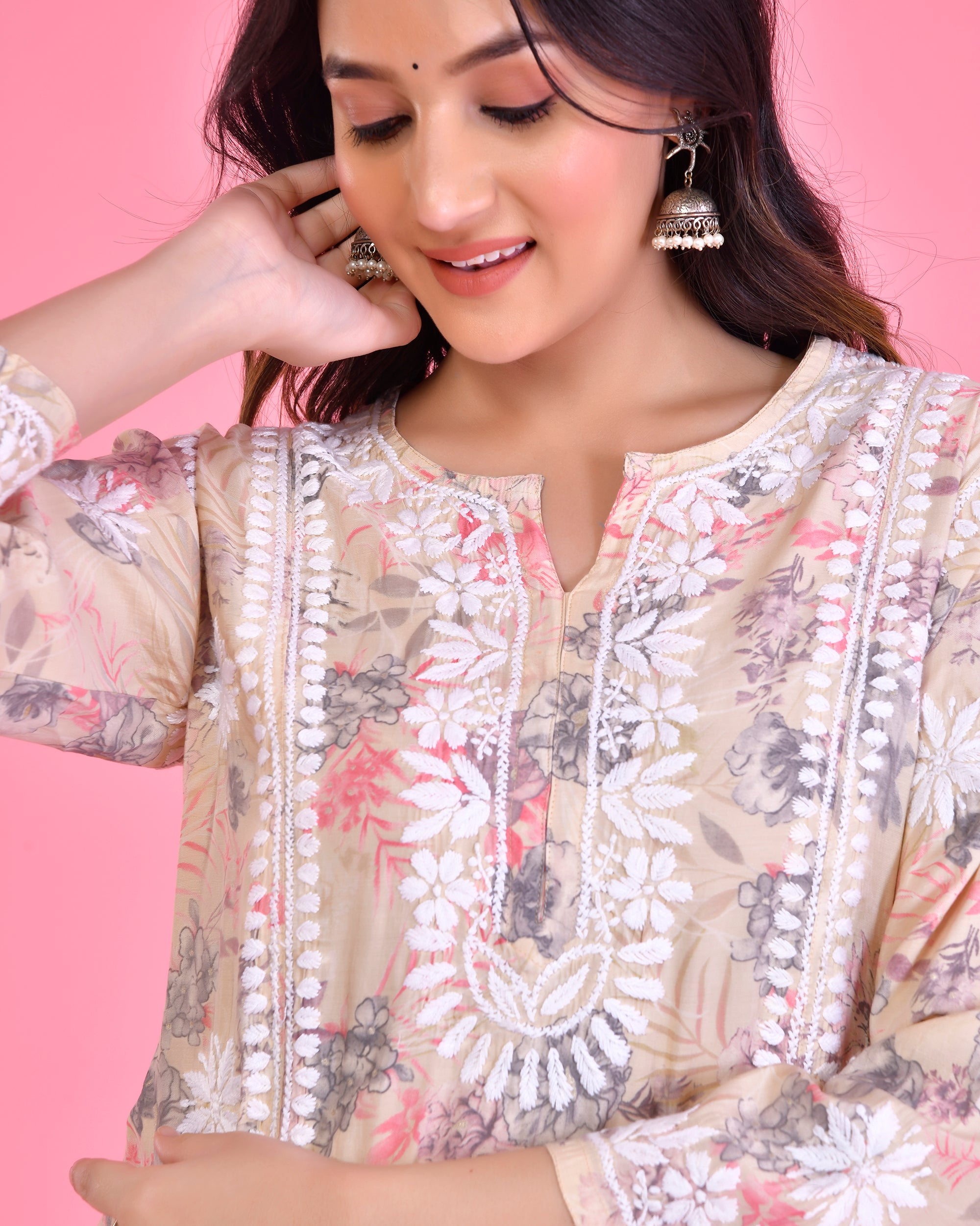 Chikankari Long Kurta in Muslin Cotton for Women- Grey With Pink Flower