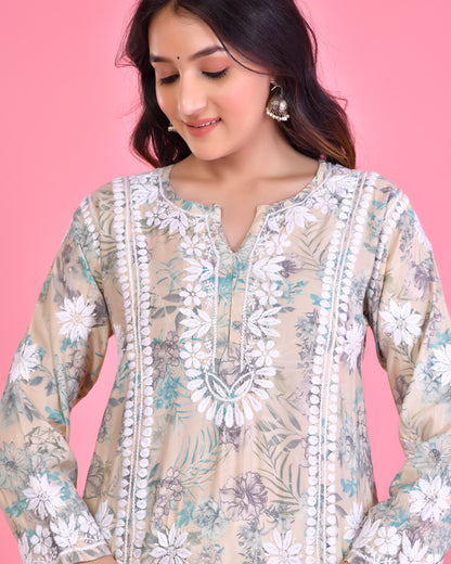 Chikankari Long Kurta in Muslin Cotton for Women- Grey With Turquoise Flower