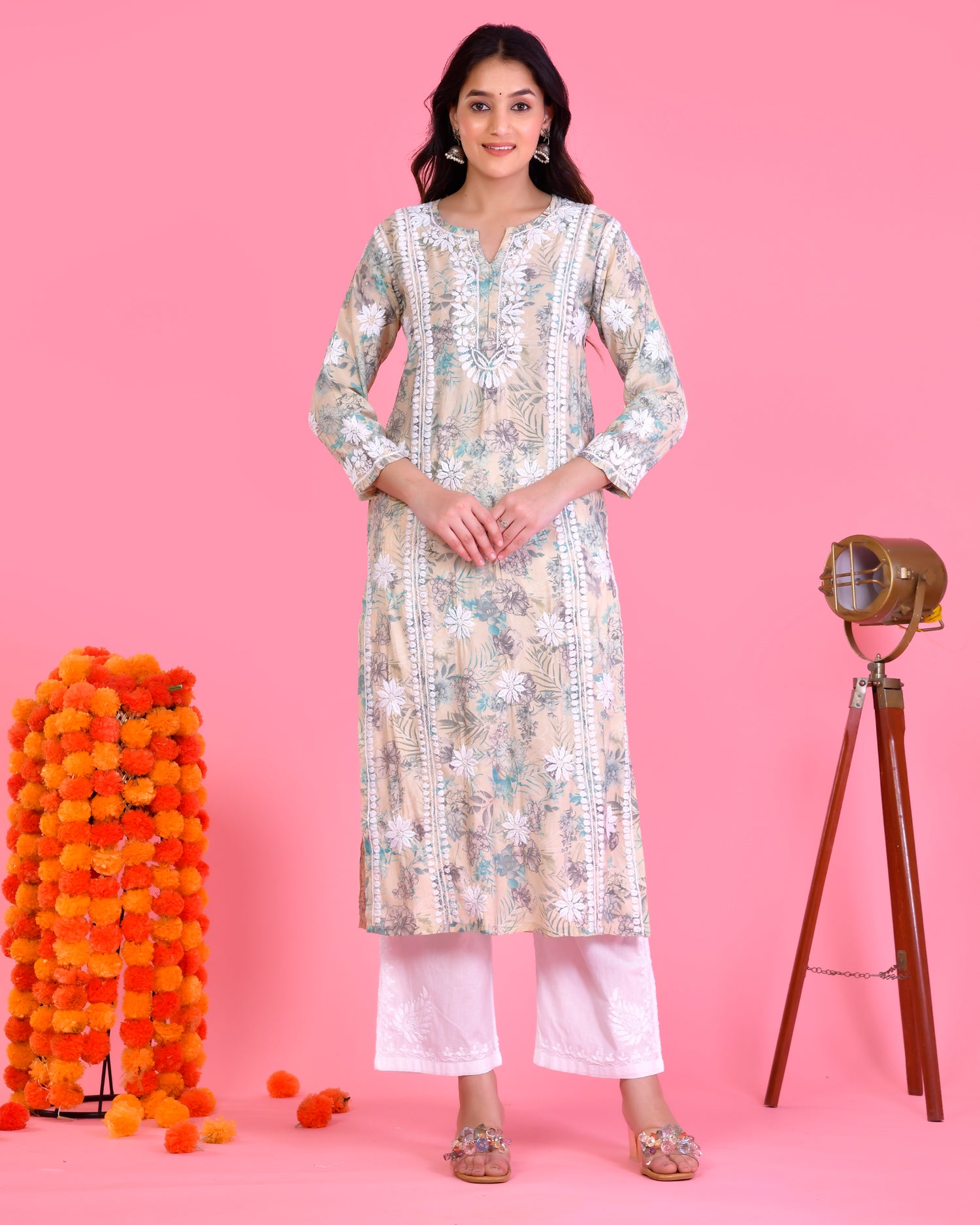 Chikankari Long Kurta in Muslin Cotton for Women- Grey With Turquoise Flower