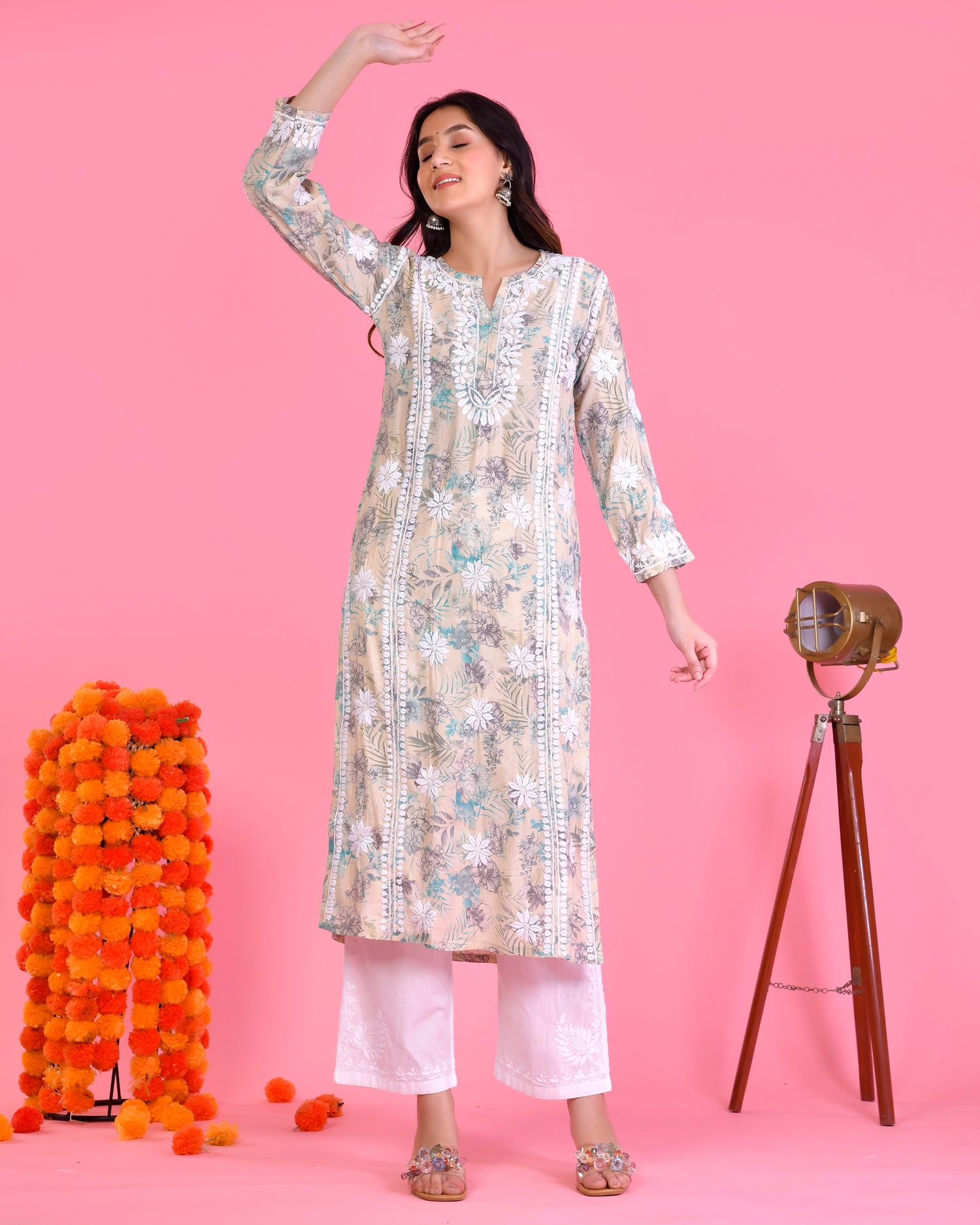 Chikankari Long Kurta in Muslin Cotton for Women- Grey With Turquoise Flower