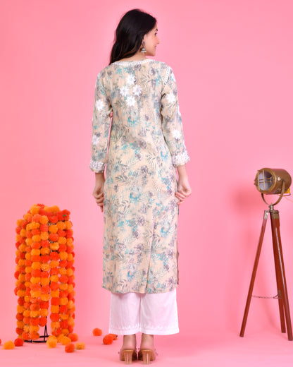 Chikankari Long Kurta in Muslin Cotton for Women- Grey With Turquoise Flower