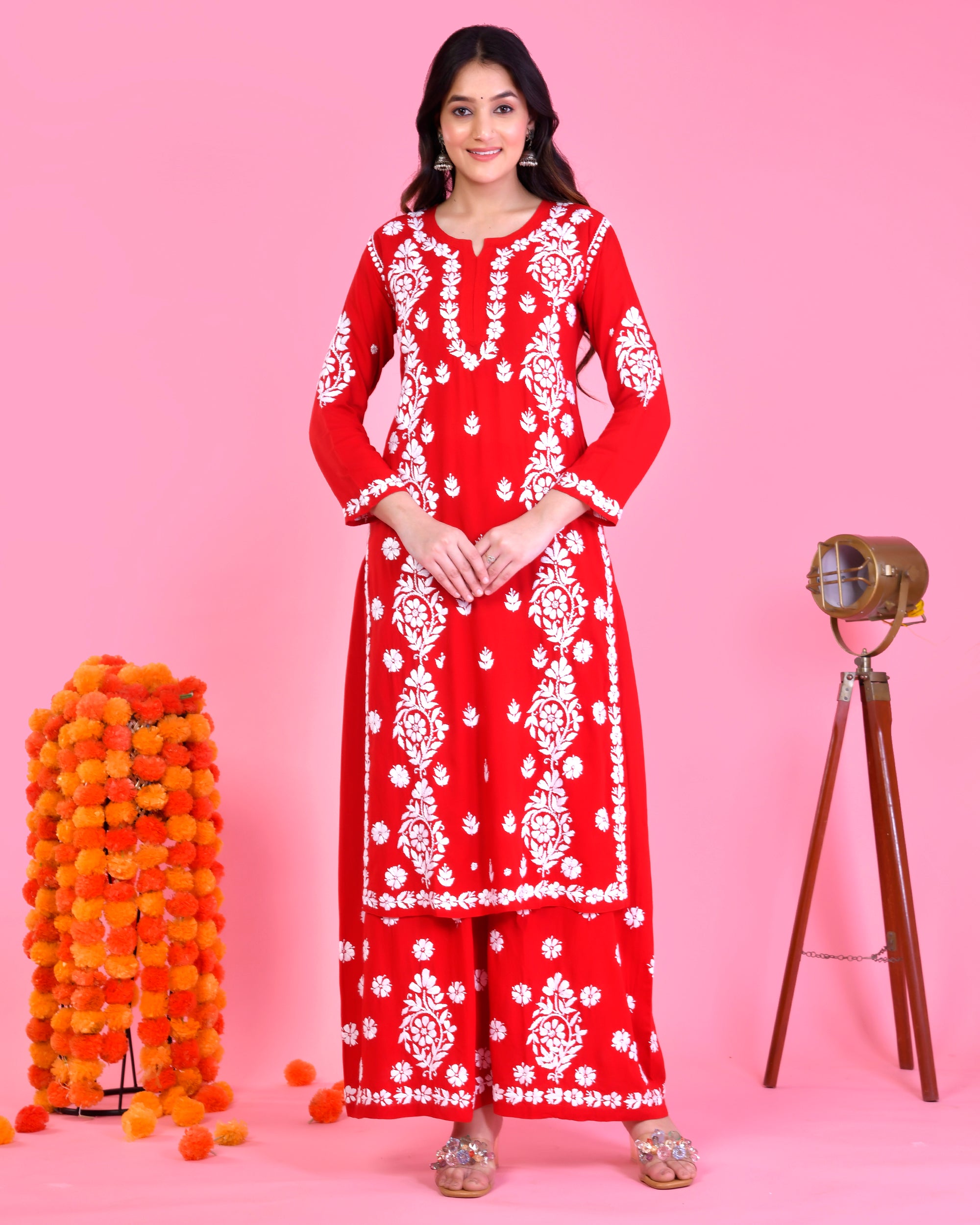 Chikankari Long Modal Kurta Set - Red