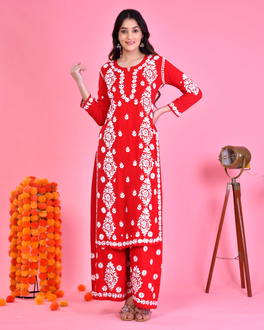 Chikankari Long Modal Kurta Set - Red