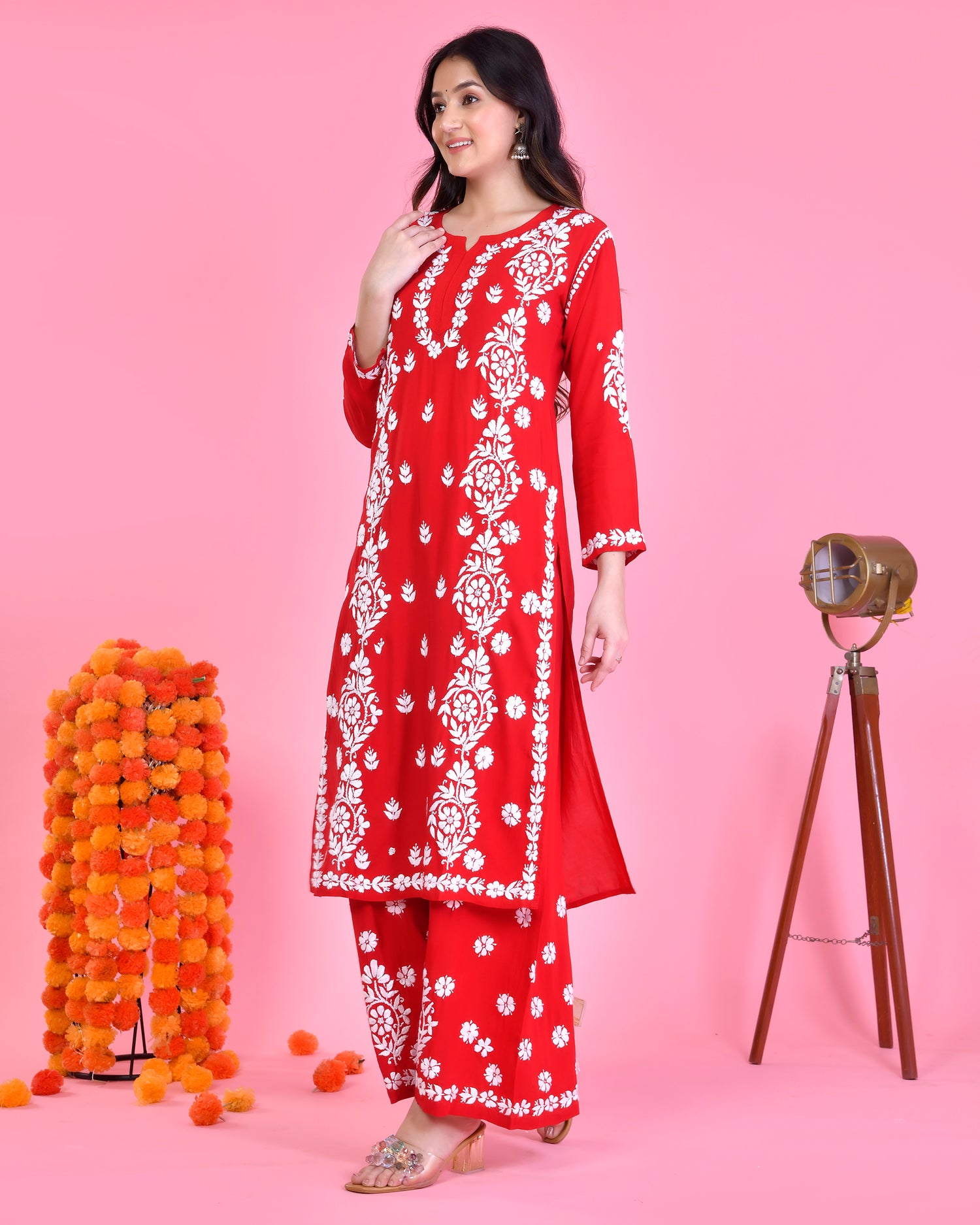 Chikankari Long Modal Kurta Set - Red