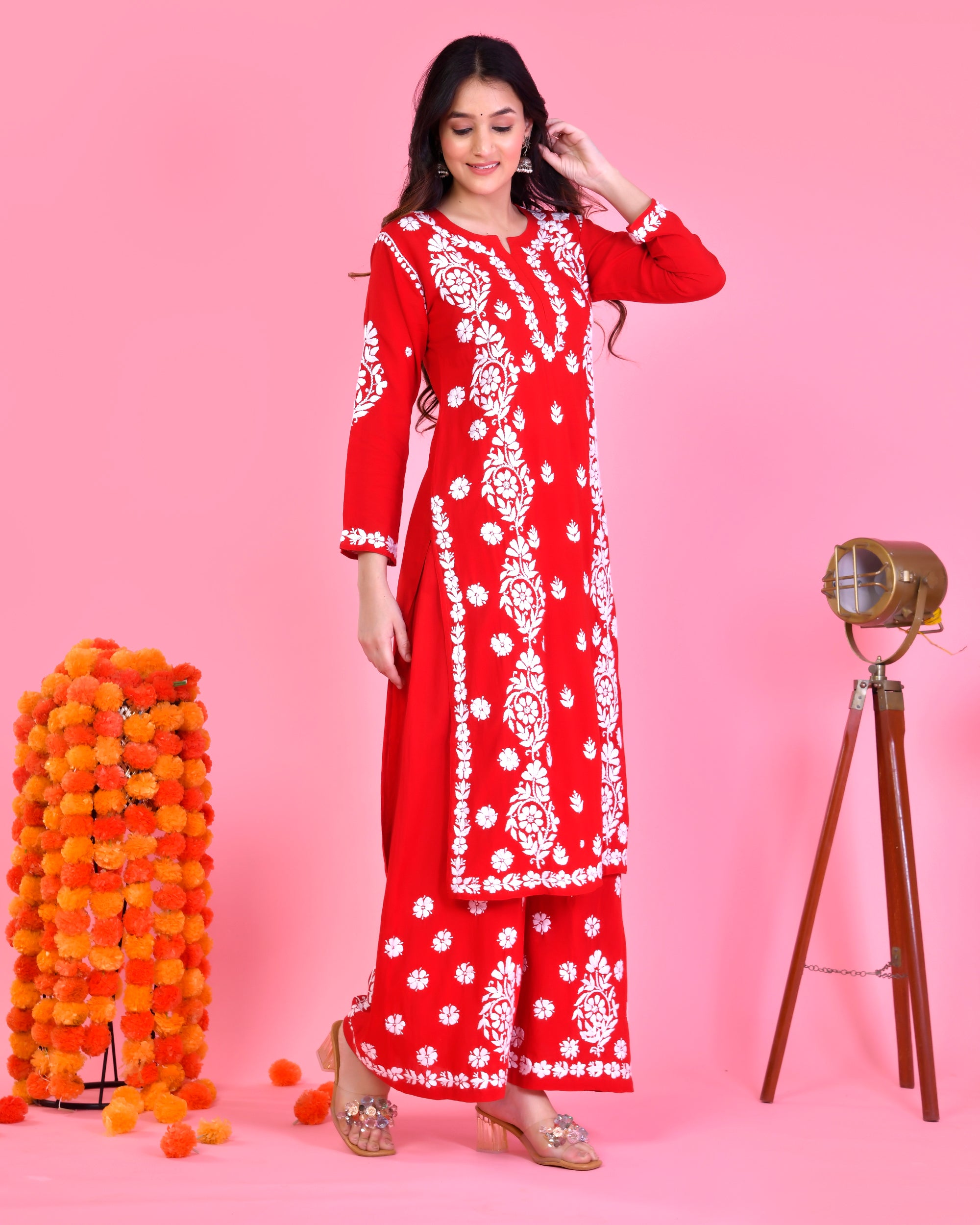 Chikankari Long Modal Kurta Set - Red