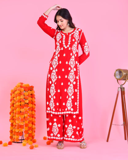 Chikankari Long Modal Kurta Set - Red