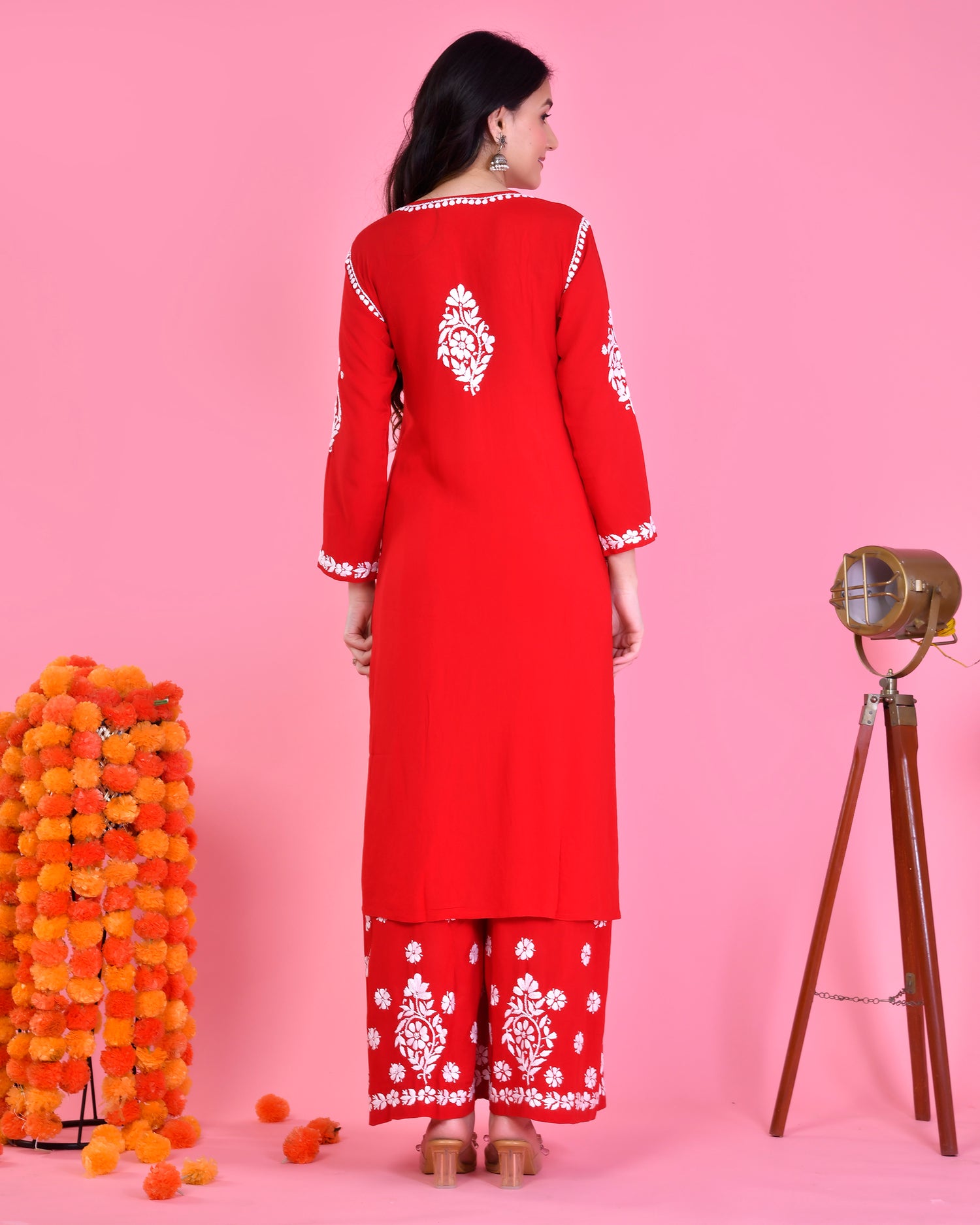 Chikankari Long Modal Kurta Set - Red