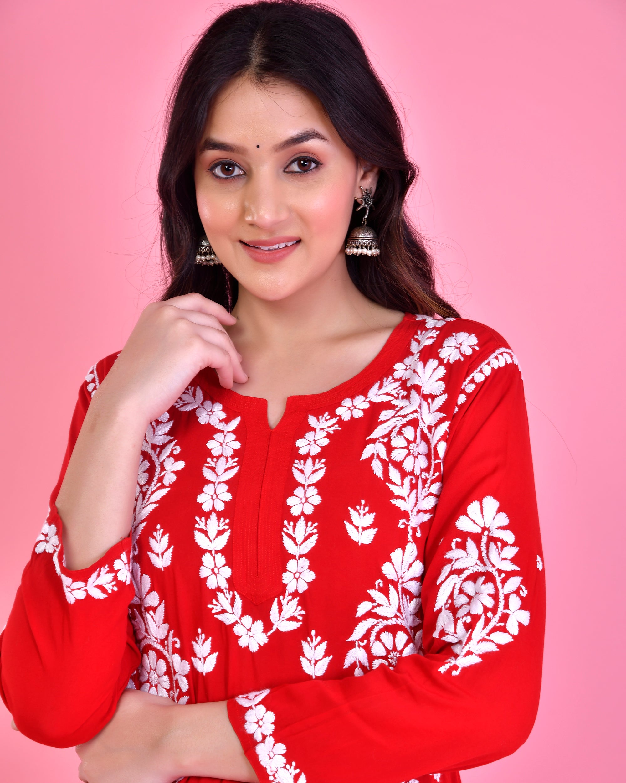 Chikankari Long Modal Kurta Set - Red