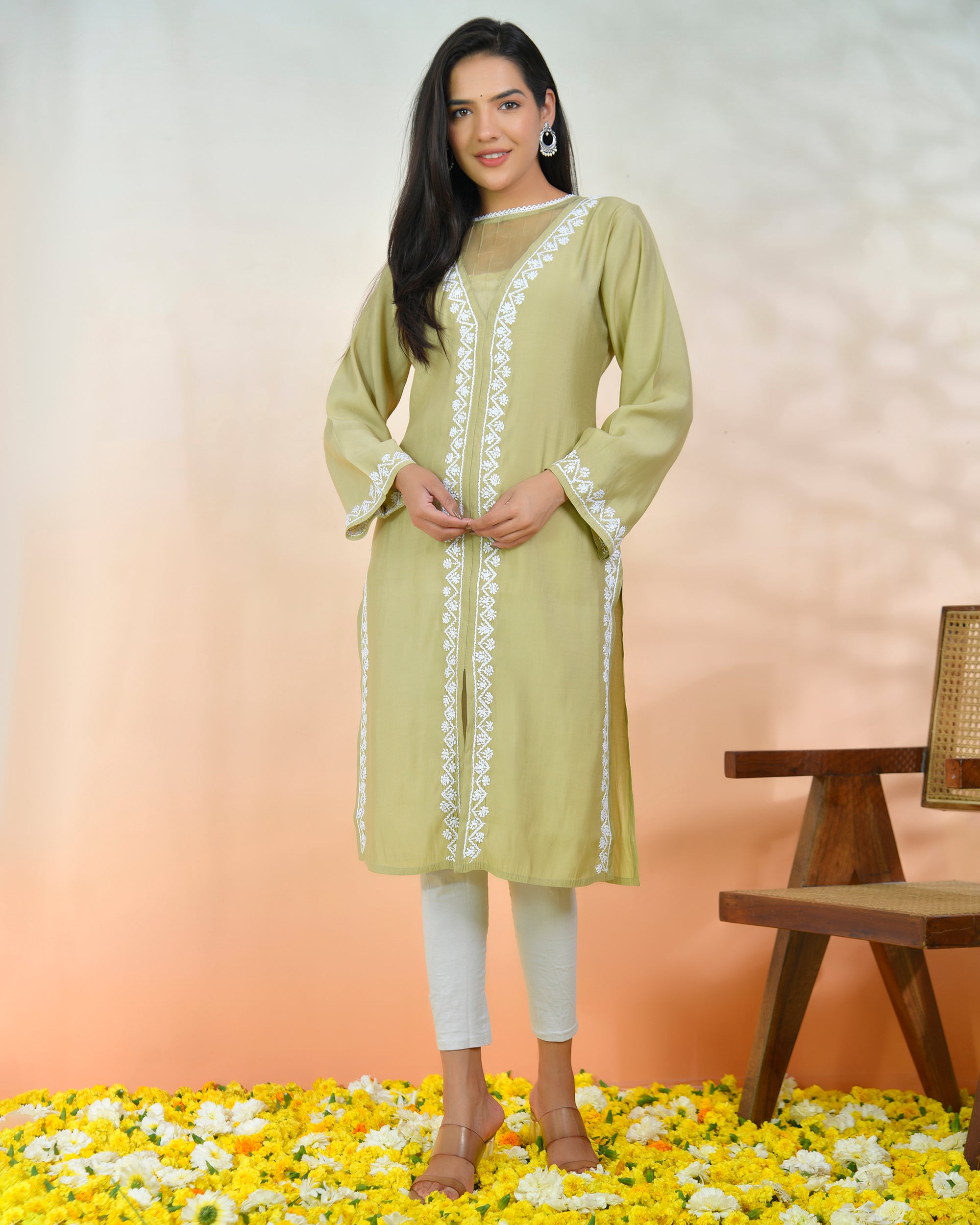 Chikankari Long Kurta In Muslin - Beige