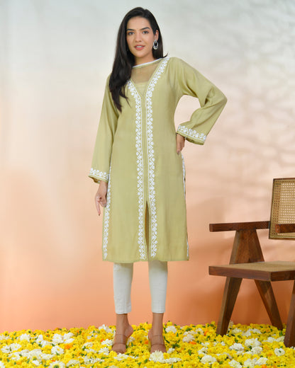 Chikankari Long Kurta In Muslin - Beige