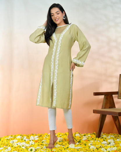 Chikankari Long Kurta In Muslin - Beige