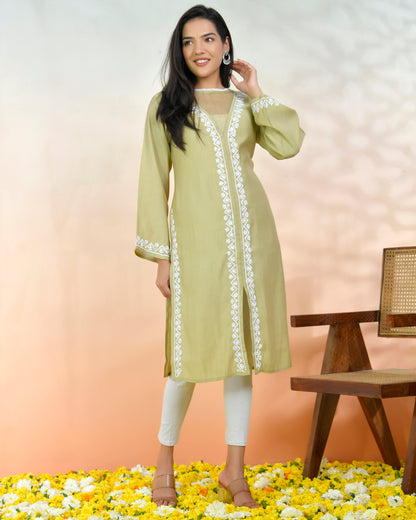 Chikankari Long Kurta In Muslin - Beige