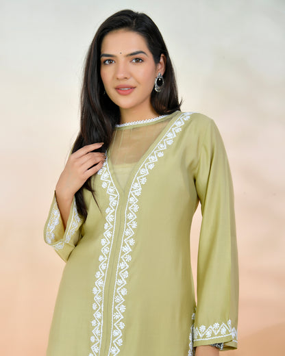 Chikankari Long Kurta In Muslin - Beige
