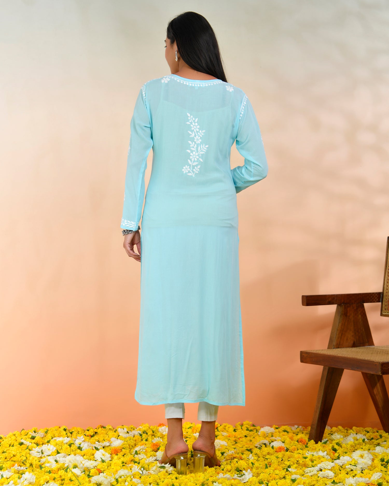 Chikankari Long Kurti In Modal Cotton for Women- Blue