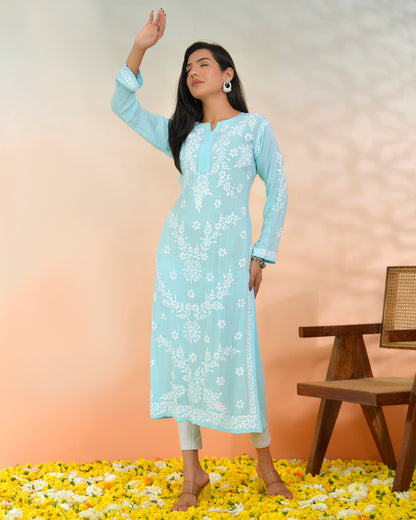 Chikankari Long Kurti In Modal Cotton for Women- Blue
