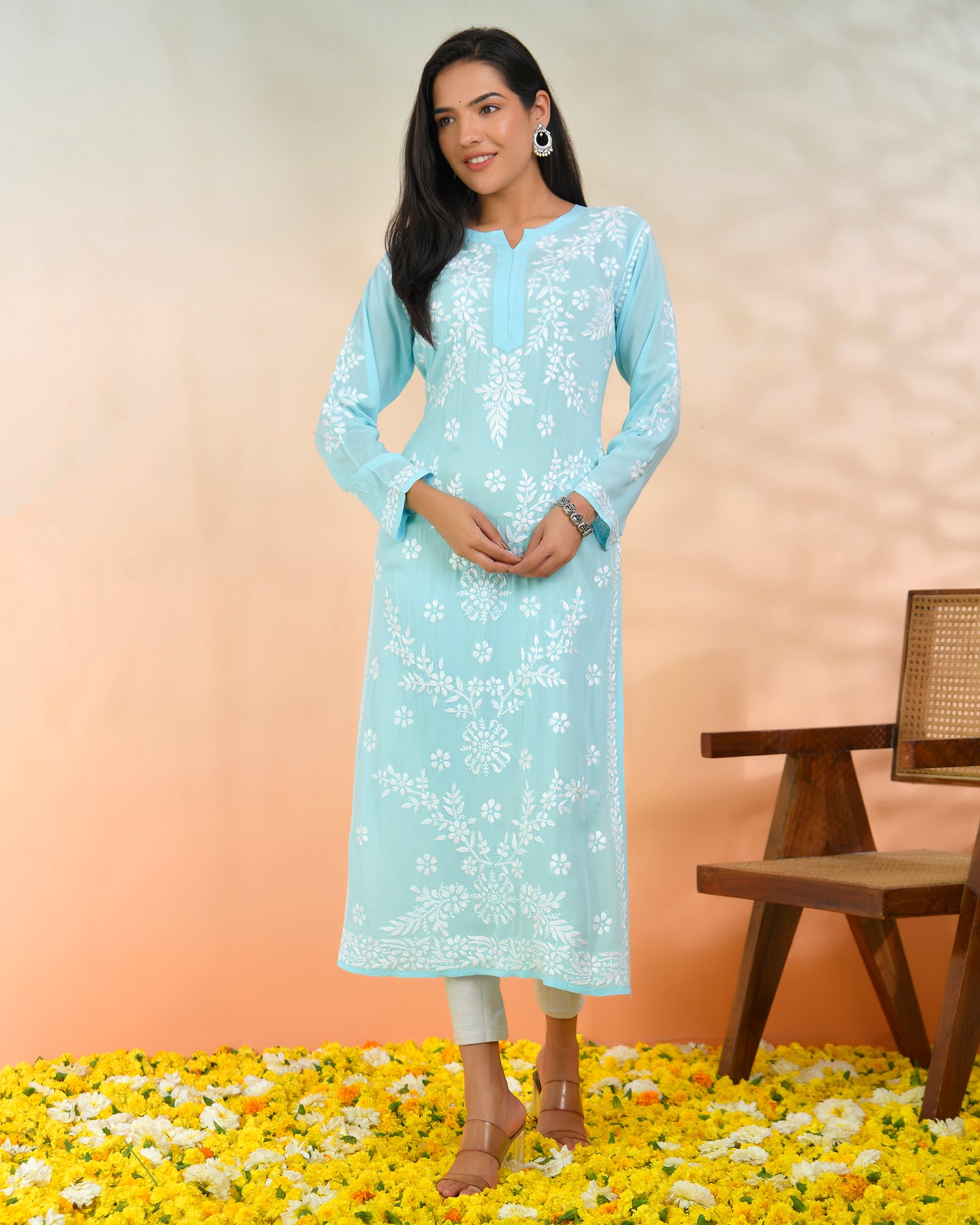 Chikankari Long Kurti In Modal Cotton for Women- Blue