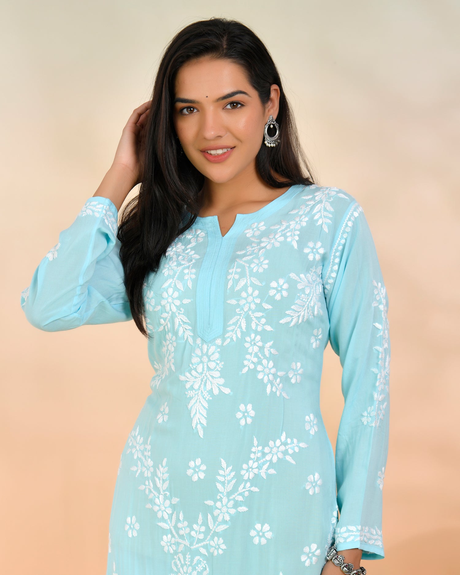 Chikankari Long Kurti In Modal Cotton for Women- Blue