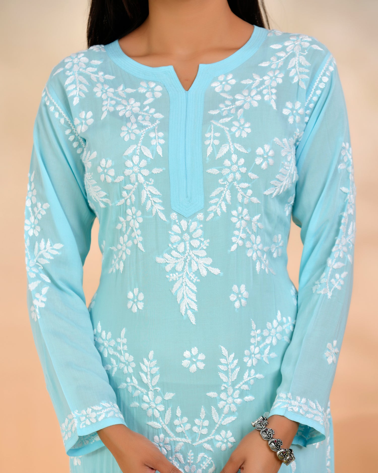 Chikankari Long Kurti In Modal Cotton for Women- Blue
