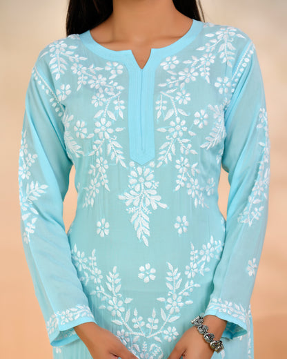 Chikankari Long Kurti In Modal Cotton for Women- Blue