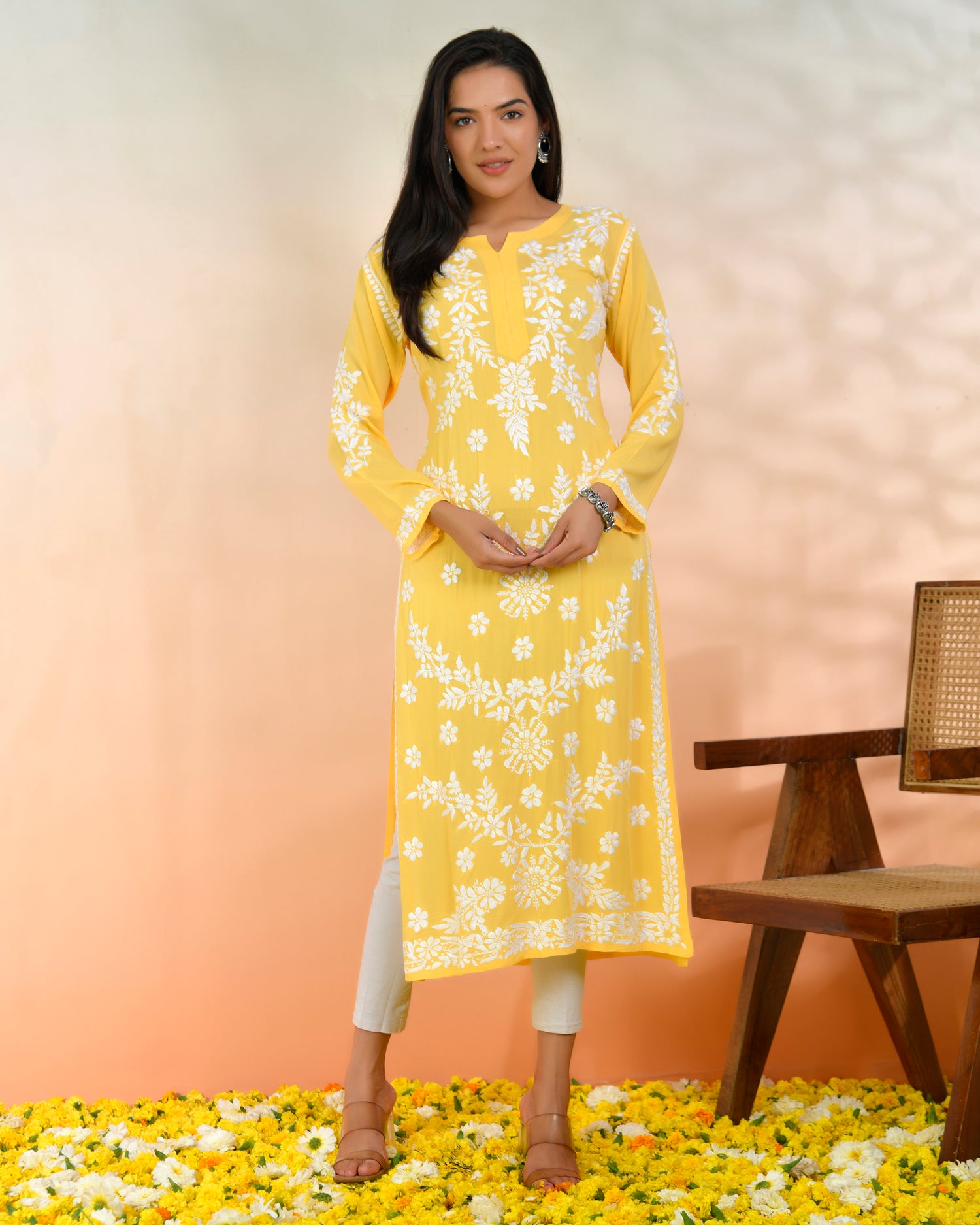 Chikankari Long Kurti In Modal Cotton for Women- Yellow