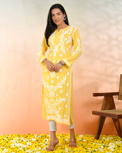 Chikankari Long Kurti In Modal Cotton for Women- Yellow