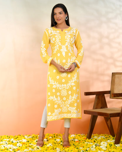 Chikankari Long Kurti In Modal Cotton for Women- Yellow