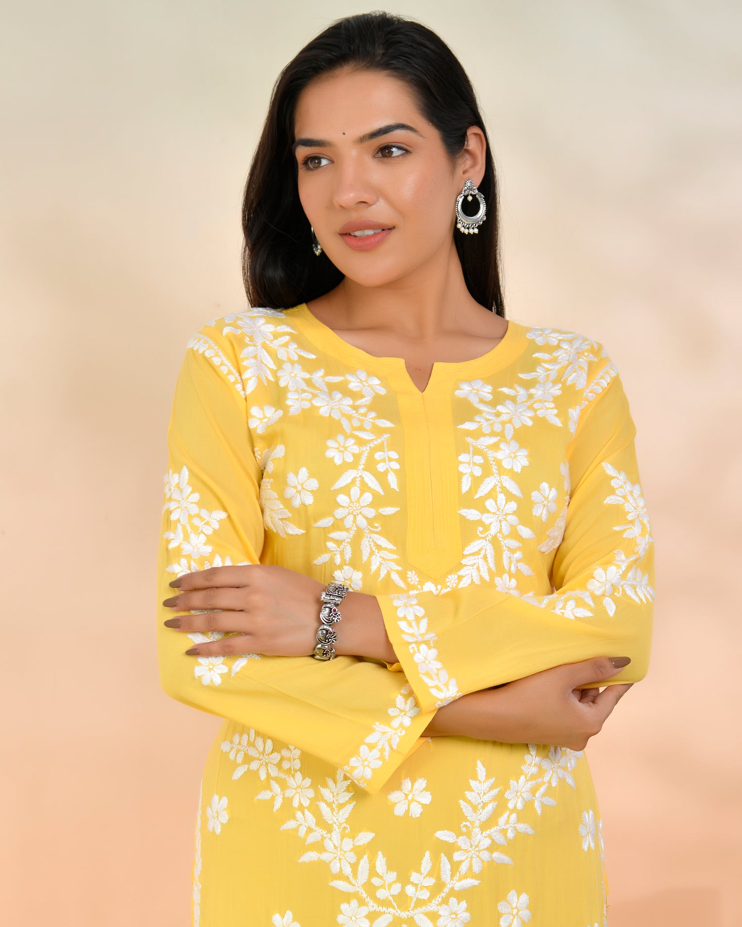 Chikankari Long Kurti In Modal Cotton for Women- Yellow