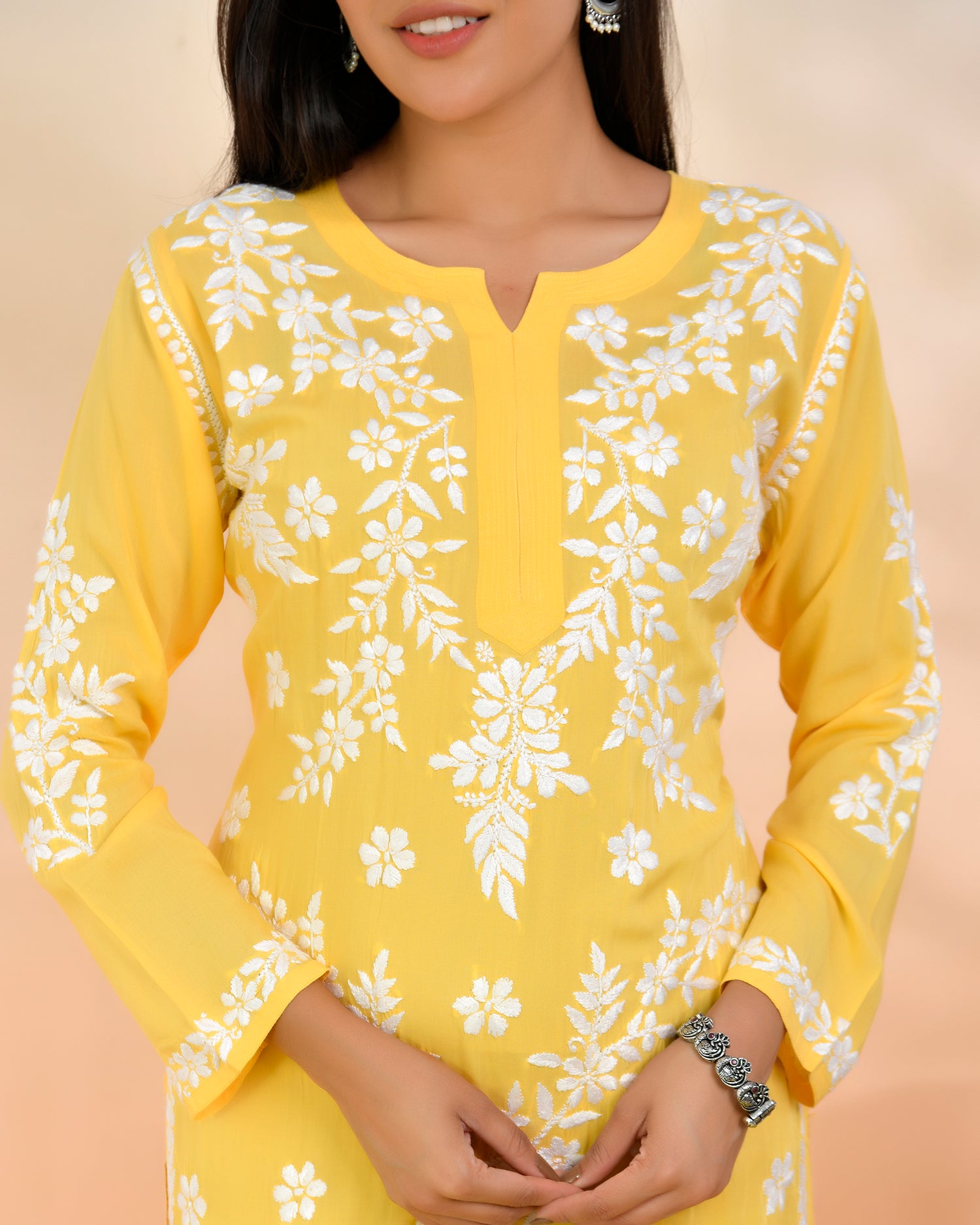 Chikankari Long Kurti In Modal Cotton for Women- Yellow