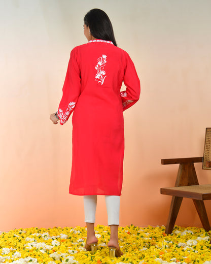  Chikankari Long Kurta In Modal Silk - Red