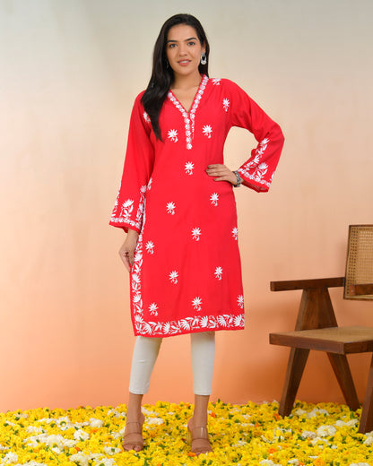  Chikankari Long Kurta In Modal Silk - Red