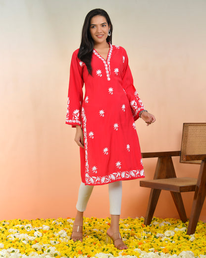  Chikankari Long Kurta In Modal Silk - Red