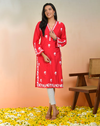  Chikankari Long Kurta In Modal Silk - Red