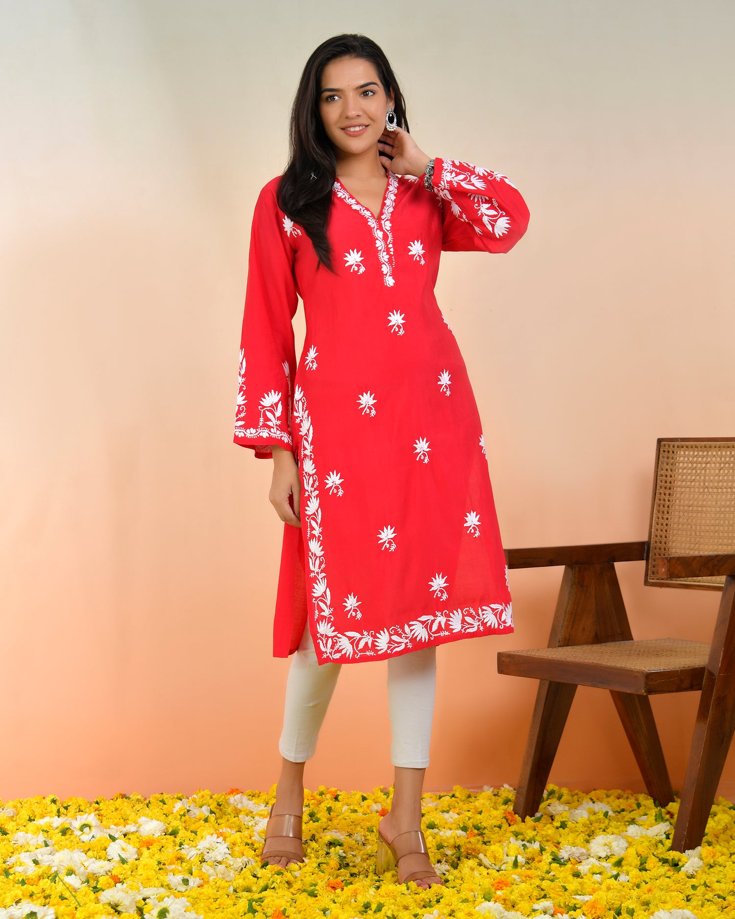  Chikankari Long Kurta In Modal Silk - Red