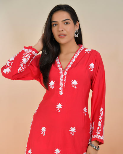  Chikankari Long Kurta In Modal Silk - Red