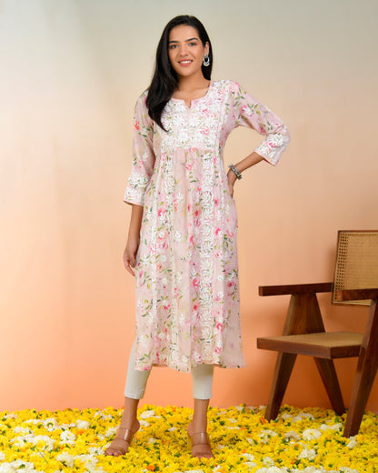 Chikankari Long Kurta in Muslin Cotton for Women- Pink Print