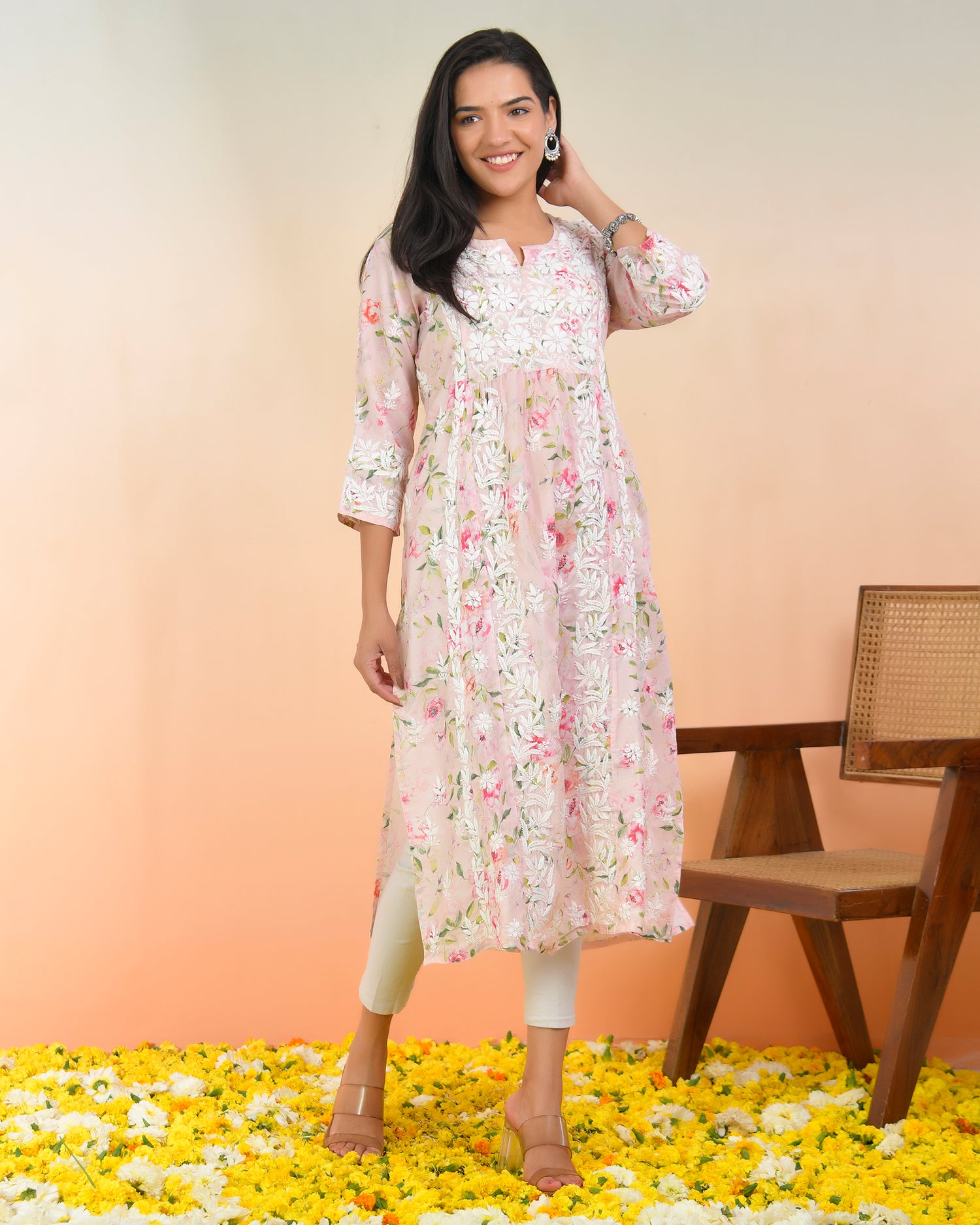 Chikankari Long Kurta in Muslin Cotton for Women- Pink Print
