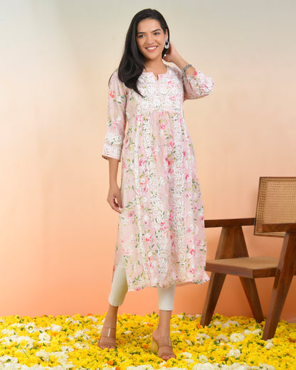 Chikankari Long Kurta in Muslin Cotton for Women- Pink Print