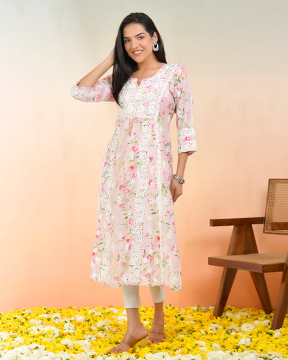 Chikankari Long Kurta in Muslin Cotton for Women- Pink Print