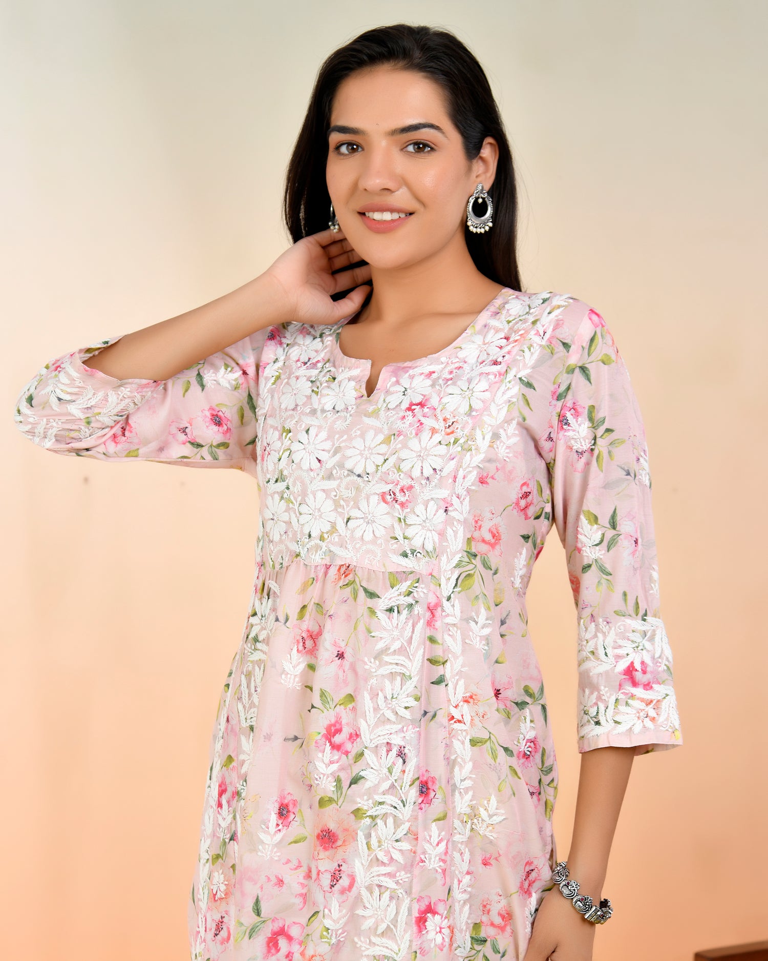 Chikankari Long Kurta in Muslin Cotton for Women- Pink Print
